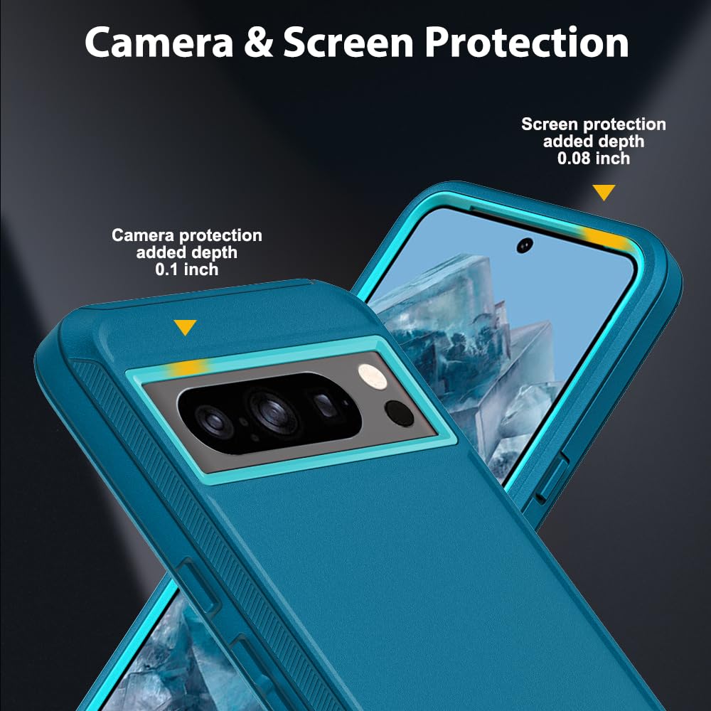 Funda para Google Pixel 8 Pro con 2 protectores de pantalla de vidrio templado y 1 protector de lente de cámara, grado militar 3 en 1, resistente, a prueba de golpes, caídas y polvo