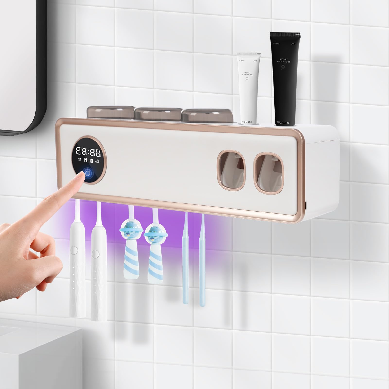 porta cepillos de dientes de pared UV dispensador de pasta de dientes automático con pantalla LED USB, batería soporte para cepillo de dientes eléctrico para cocina, cuarto de baño, hotel