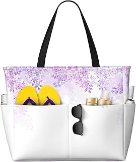 Bolsa de mano con estampado de flores lilas, compañero de viaje para vacaciones en la playa, picnics y actividades deportivas diarias, negro, talla única, negro, talla única, Black, Talla