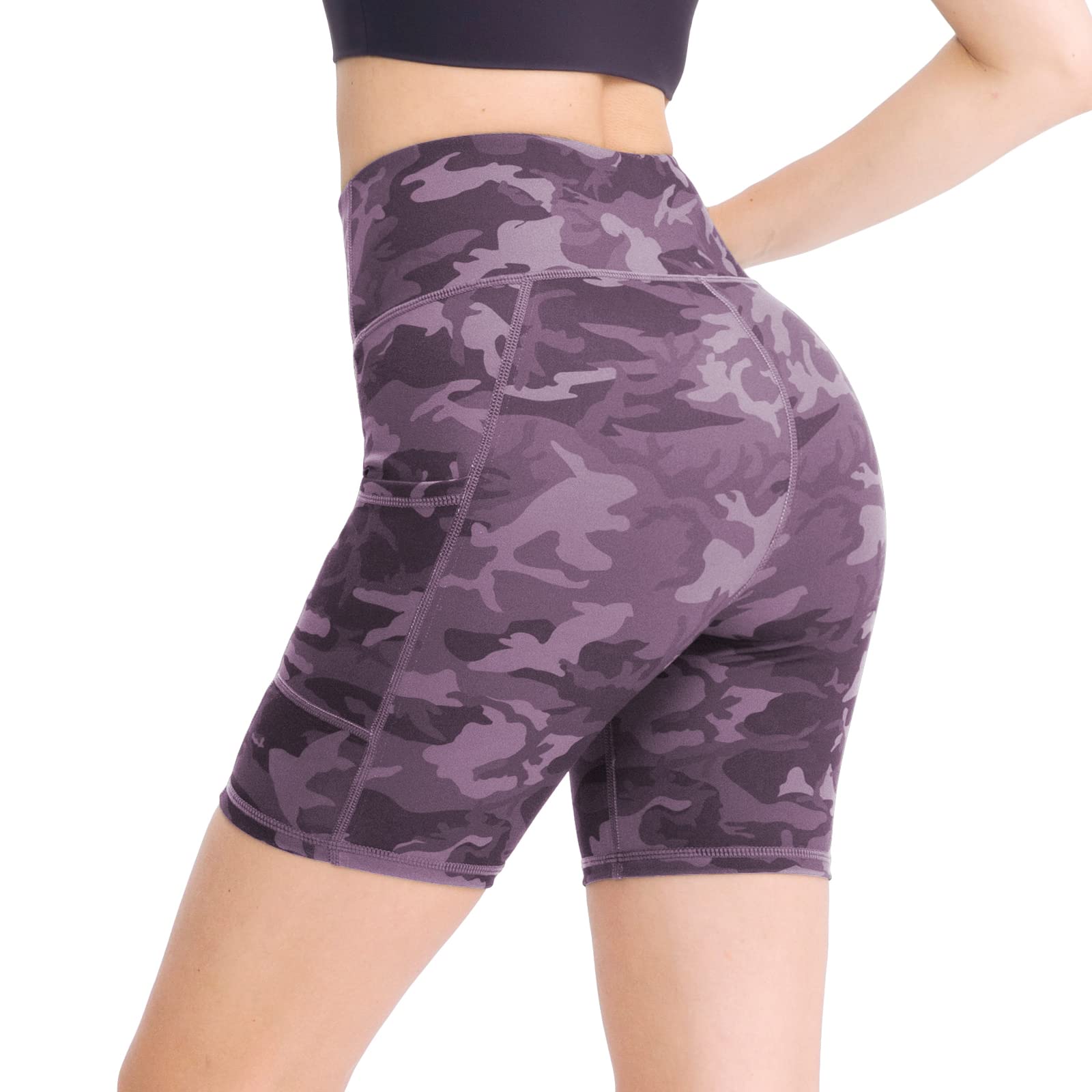 HomyComy Damskie spodnie sportowe, krótkie, z wysoką talią, legginsy na lato, legginsy rowerowe, fitness, czarny/kamuflaż, M
