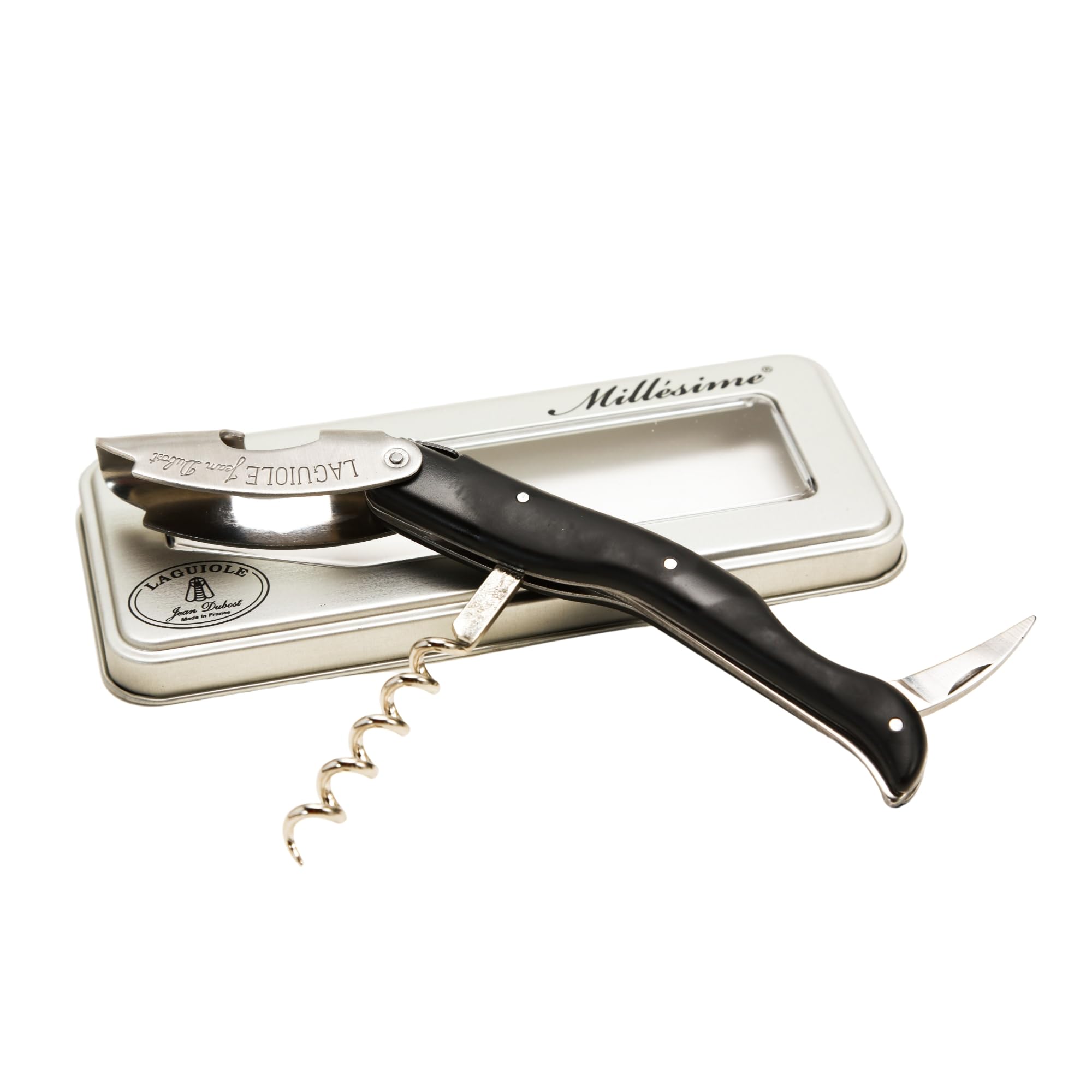 Jean Dubost Laguiole Wine Waiter, Black Handle - Rust-Resistant Stainless Steel - Includes Metal Box - Made in France