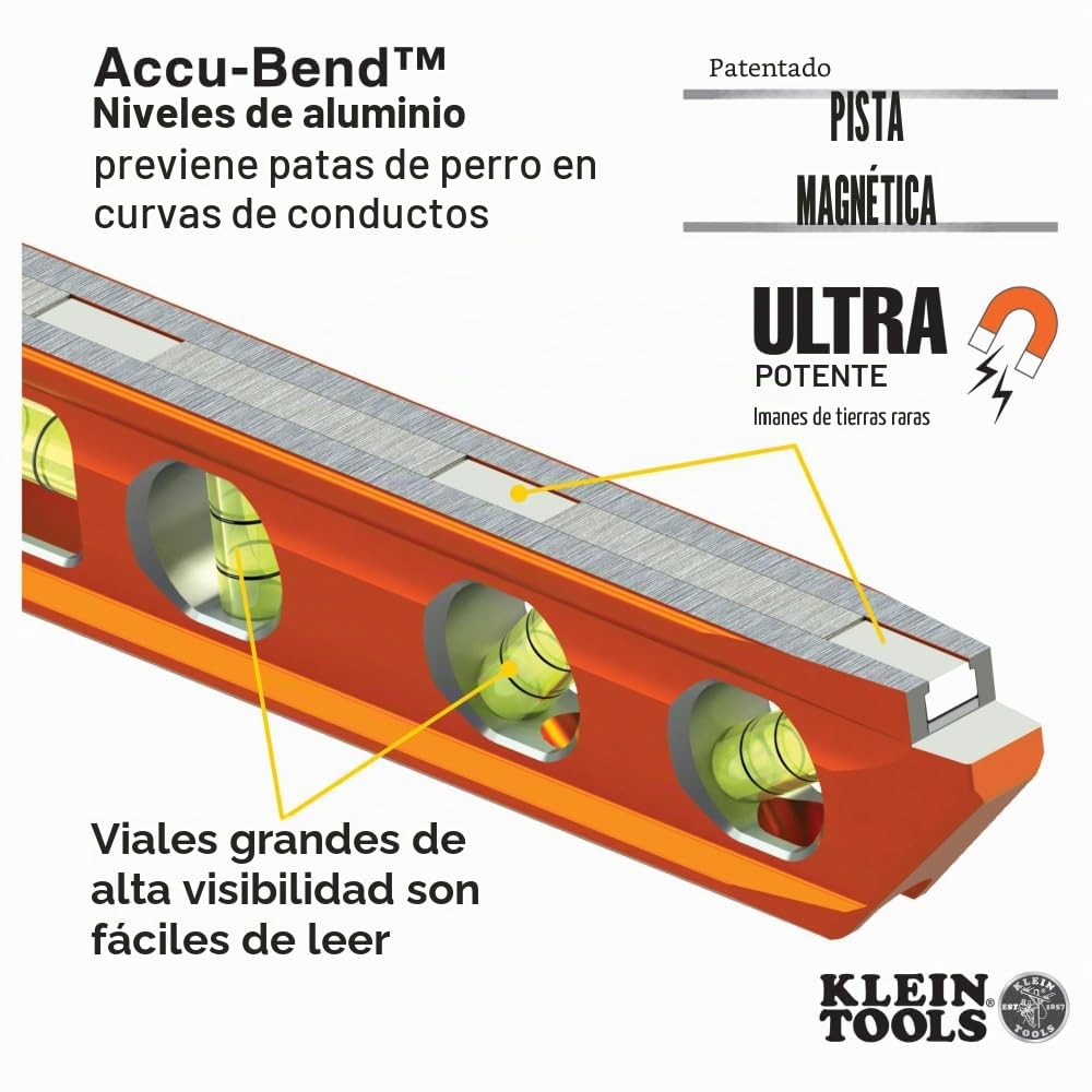Nivel de torpedo, magnético, 4 viales para doblado de conductos y más con ranura en V y pista magnética Klein Tools 935AB4V