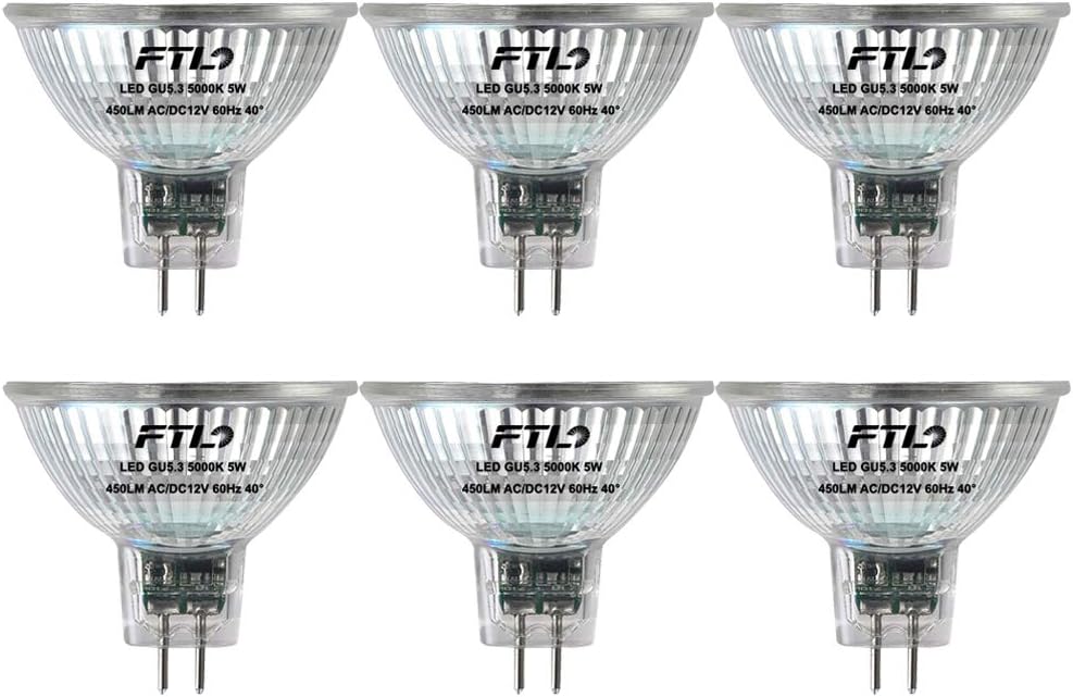 FTL MR16 LED Bulb Non Dimmable 5000K Daylight White Glass 5W AC/DC 12V 50W Halogen Equivalent 500lm GU5.3 Bipin Base 40 Degree Spotlight for Track Recessed and Outdoor Landscape Lighting 6-Pack