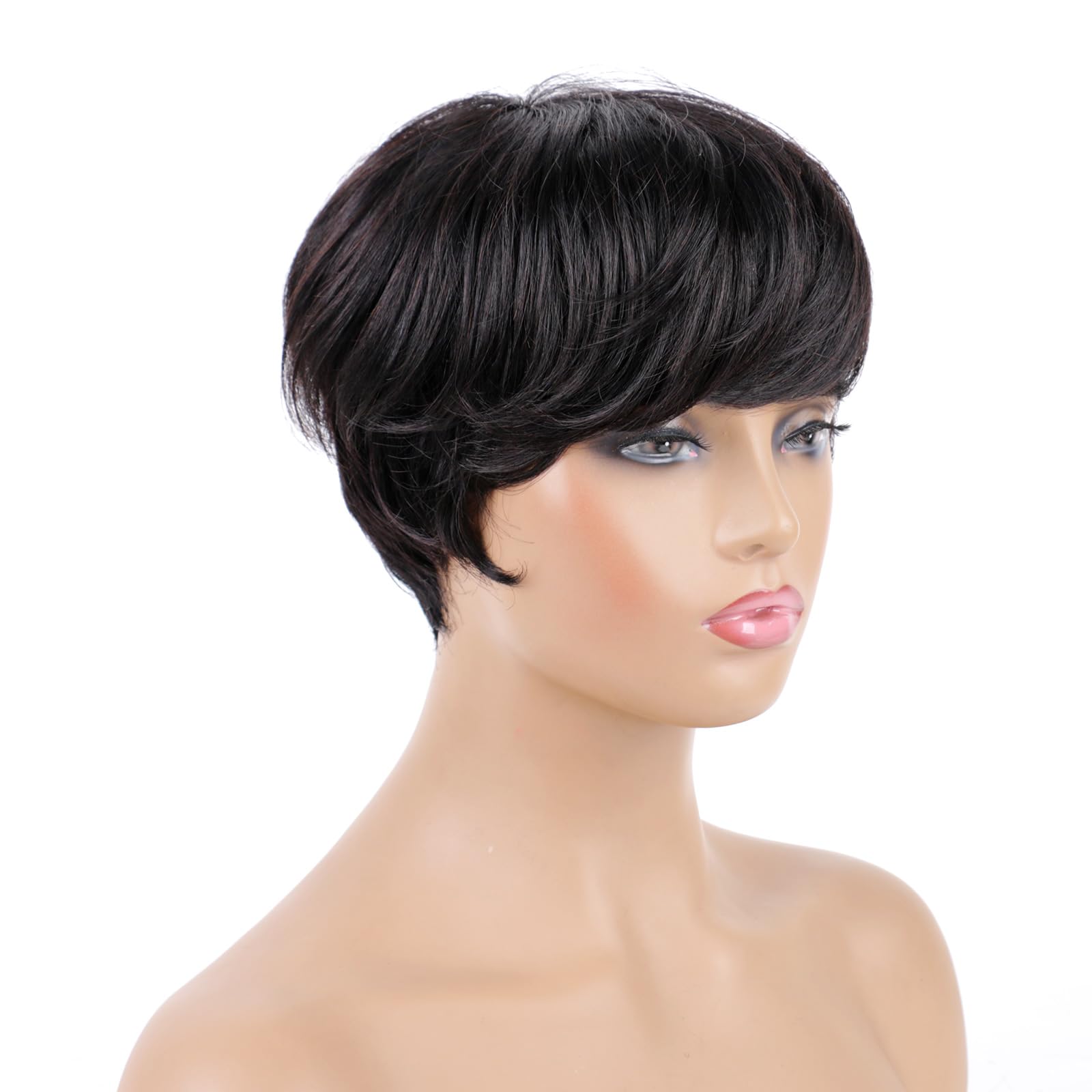 Huarisi Short Layered Pixie Cut Wig with Bangs Human Hair for Black Women Glueless Bob Wigs None Lace Natural Black Straight Breathable Daily Use 1B - Image 4