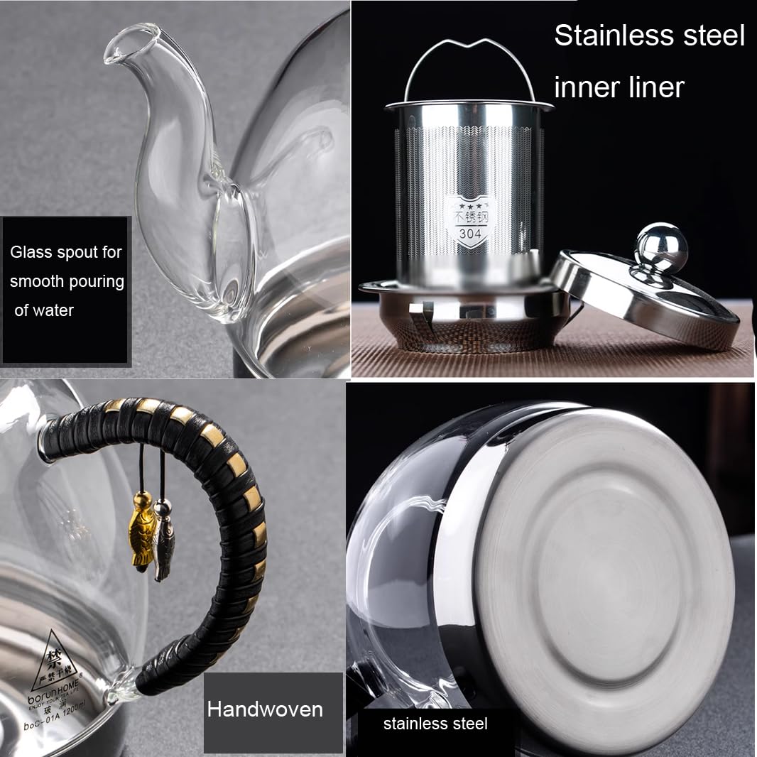 Induction Cooker Special Glass Teapot With Cool Handle, Heat Resistant Borosilicate Glass Teapot With Stainless Steel Inner Filter,tea Kettle Stovetop Glass Flower T A-1.4L