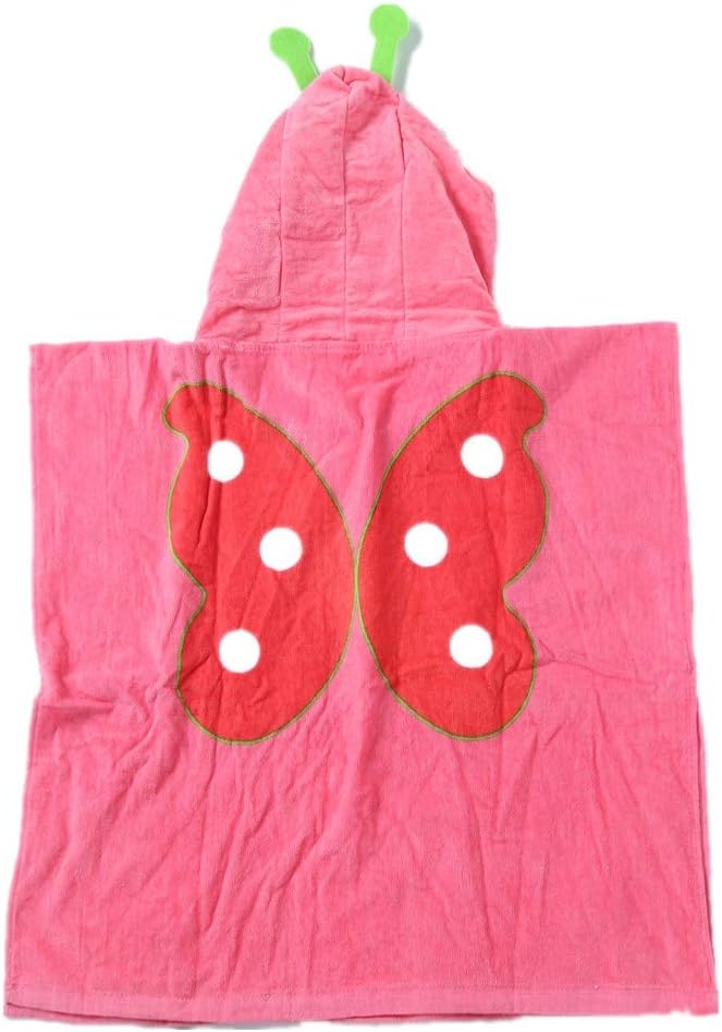 InsHere Hooded Poncho Towel for Kids Under Aage 6, Organic Cotton Toddler Bathrobes Wrap, 25" 25" Cover up for Shower Beach Swim, Super Absorbent & Soft with Animals Cartoon Design Red Butterfly