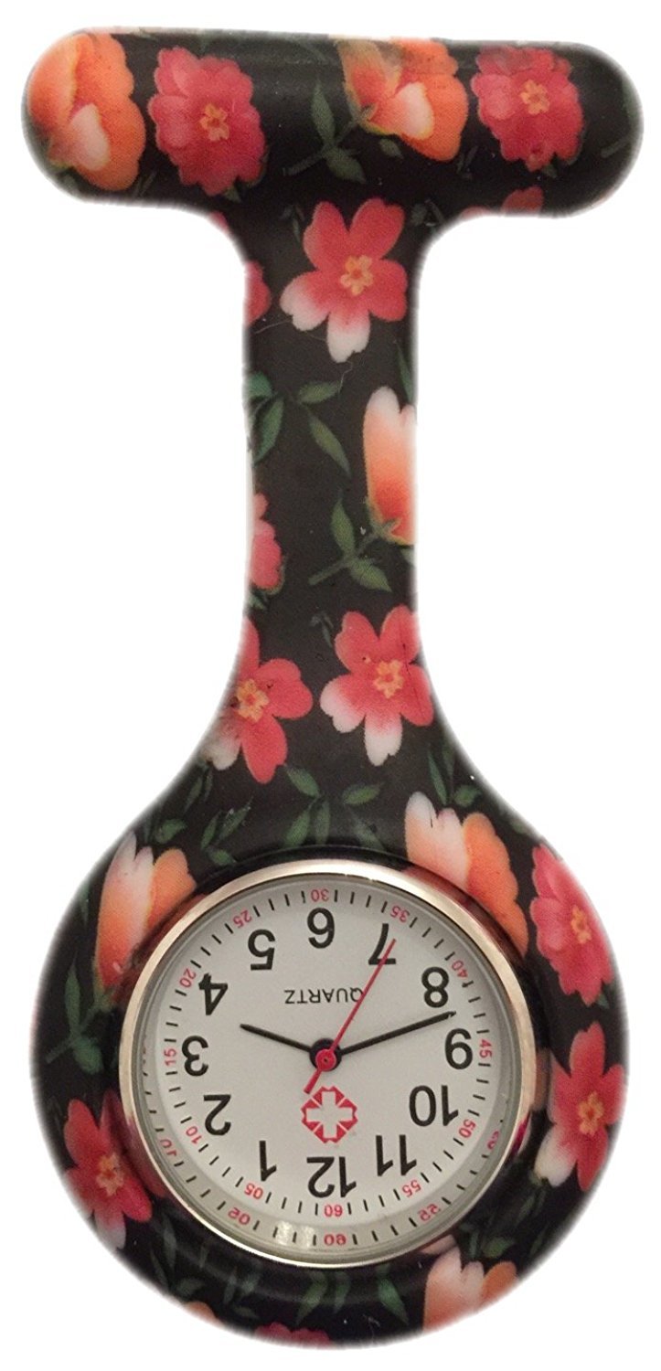 Boolavard TMBoolavard® TM Nurses Fashion Coloured Patterned Silicon Rubber Fob Watches - Black + Orange