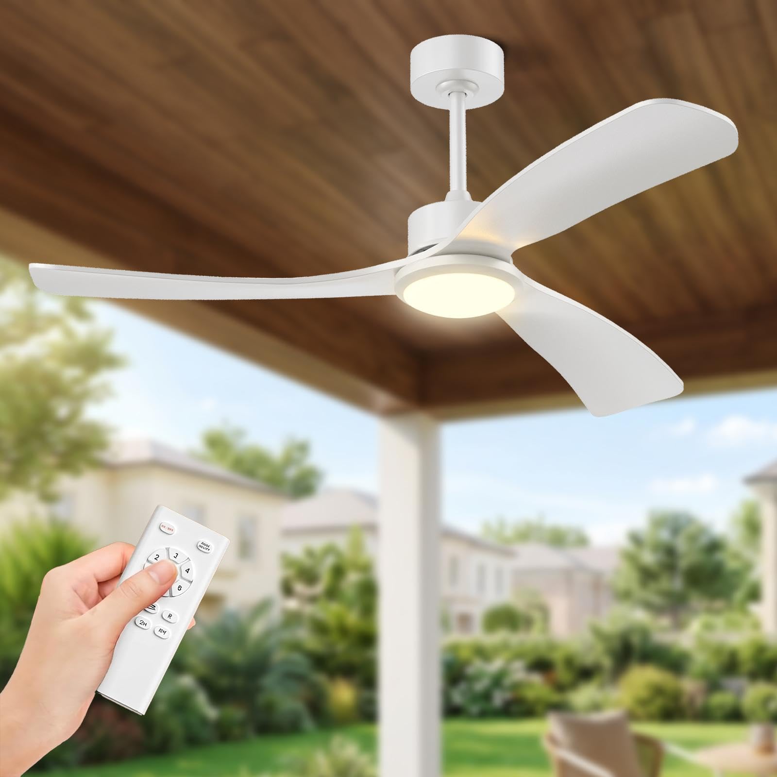 Obabala 52 Inch Ceiling Fan with Light and Remote,Solid Wood Blades, DC Motor Quiet 35dB, Dimmable LED Reversible for Bedroom Living Room Indoor Outdoor, 6 Speed Timer Downrod