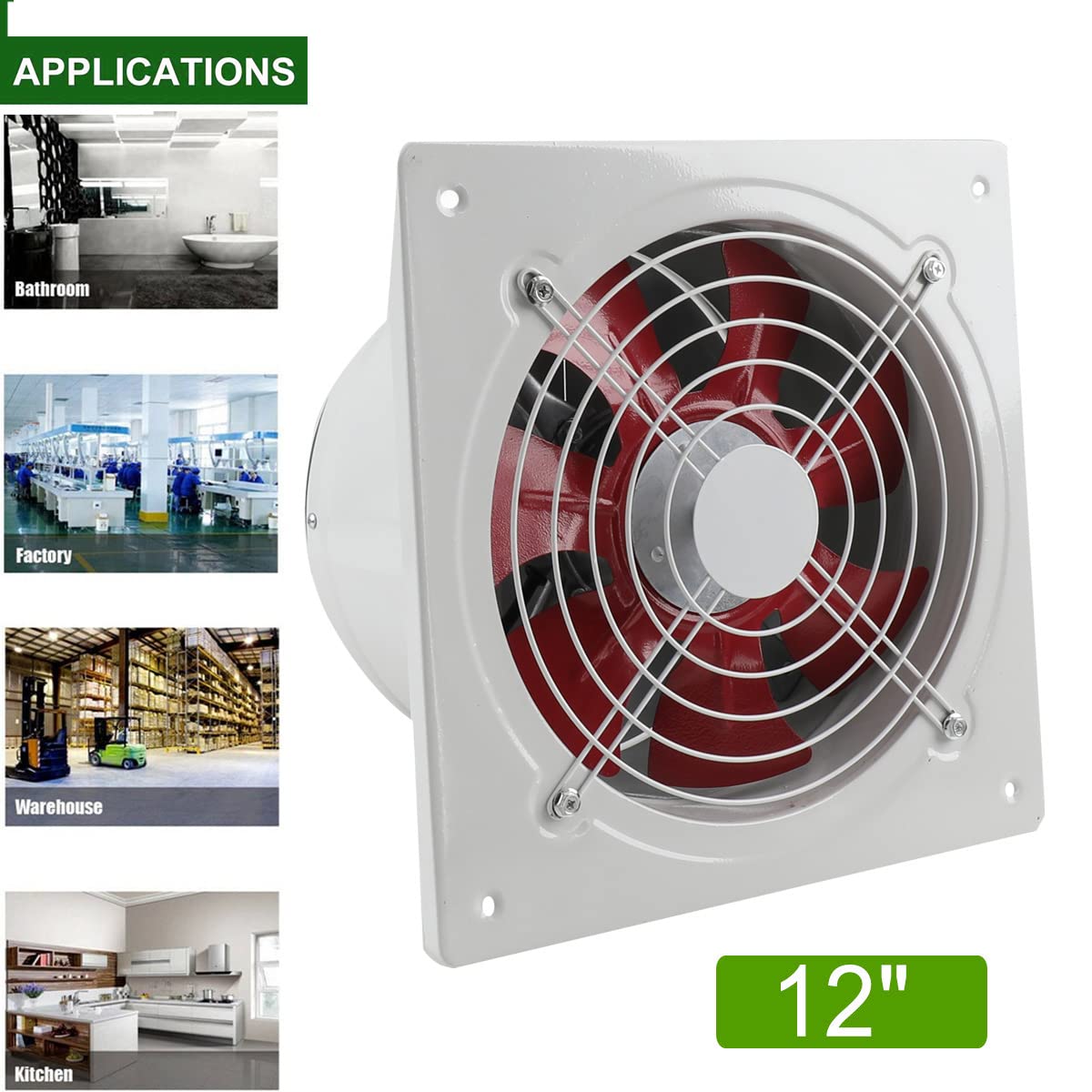 Ventilateur axial 220 V 12" 300 mm Ventilateur axial Ventilateur d'extraction d'air de cuisine Ventilateur mural en métal industriel pour salle de bain garage Pales blanches et rouges 2650 m³/h