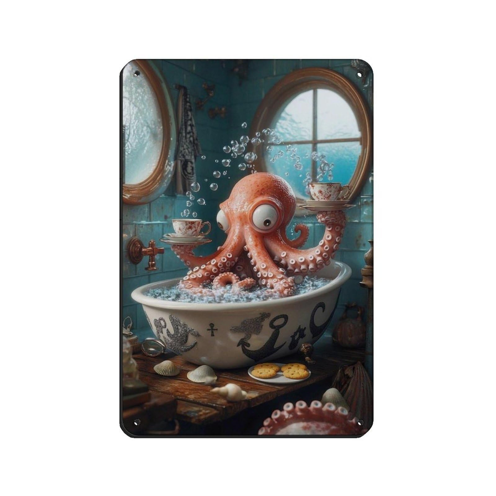 Quirky Octopus Bathroom Art Retro Poster Metal Tin Sign Chic Art Retro Iron Painting Bar People Cave Cafe Family Garage Poster Wall Decoration 8x12inch(20x30cm)