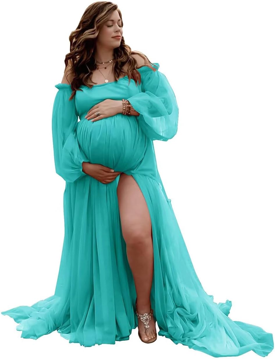 Verngo Tulle Maternity Dress for Photoshoot Long Sleeve Off Shoulder Slit Pregnancy Gown Baby Shower Dresses