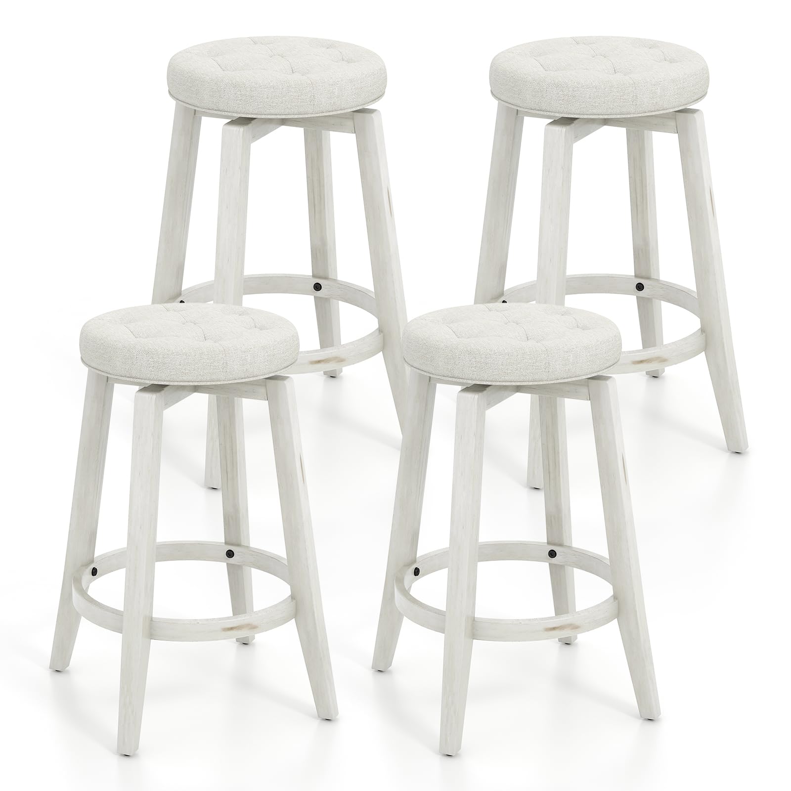 COSTWAY 360° Swivel Bar Stools Set of 4, 26-inch Height Vintage Upholstered Rubberwood Backless Bar Chairs with Footrest, Retro Kitchen Counter Stools