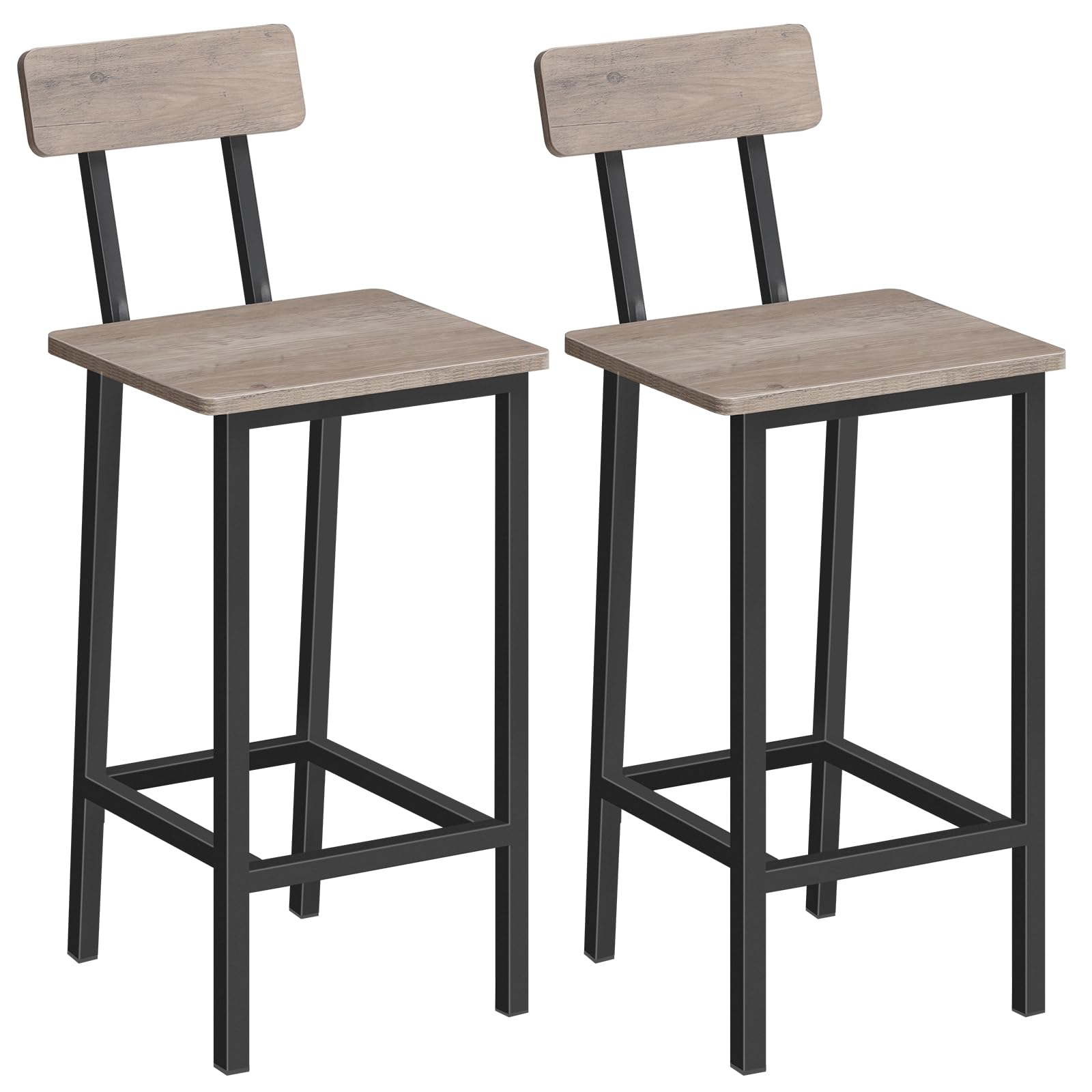 Bar Stools, Set of 2 Bar Chairs with Backrest, Kitchen Bar Stools with Footrest, 24.1" Tall Counter Bar Stools, Easy Assembly, for Dining Room, Bar, Greige and Black BAHG03101V