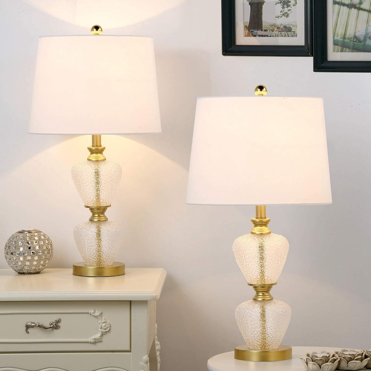 Blасk Frіdау 🔥 Maxax Set of 2 Table Lamps, Nightstand Lamps with White Fabric Lampshade, Glass Beside Desk Lamp for Bedroom,Living Room - 25 Inches