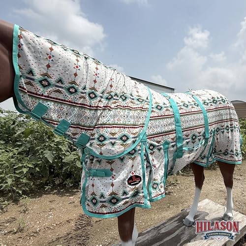 Image of HILASON Horse Fly Sheet UV Protect Breathable Mesh Bug Mosquito Spring | Summer Horse Rug | Fly Rug Turquoise Aztec 81 inch