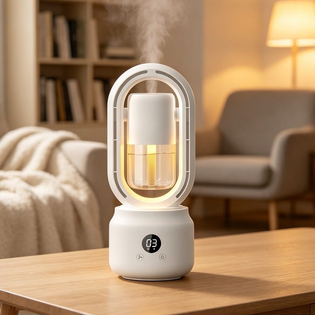 Tragbarer Blattloser Ventilator mit Nebel | Robustes ABS Material, PET Wassertank, langlebig, leicht zu reinigen, spritzwassergeschützt