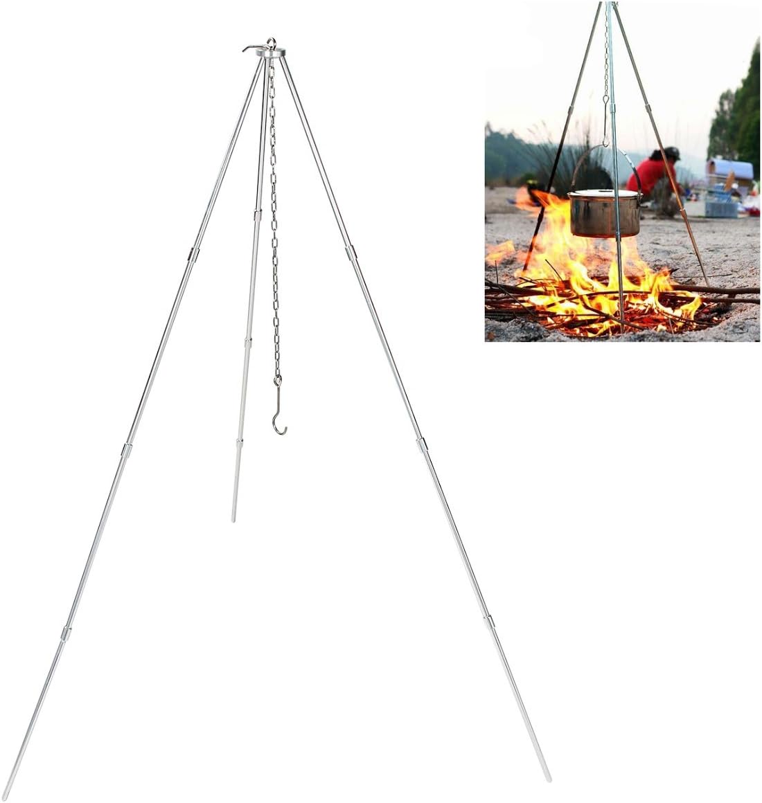 Cyberone Campfire Tripod Camping Tripod with Adjustable Chain Portable Foldable for Outdoor BBQ Barbecue Campfire Cooking Hanging Pot 42" in Height