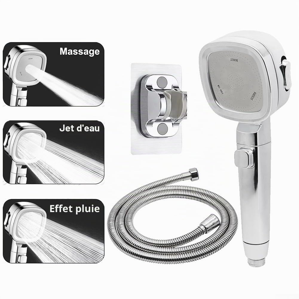 Pommeau de douche camping-car, tuyau inclus, 3 jets, haute pression, économie d'eau, interrupteur marche/arrêt, caravane, camping, mobil-home, acier inoxydable, 1,5 m