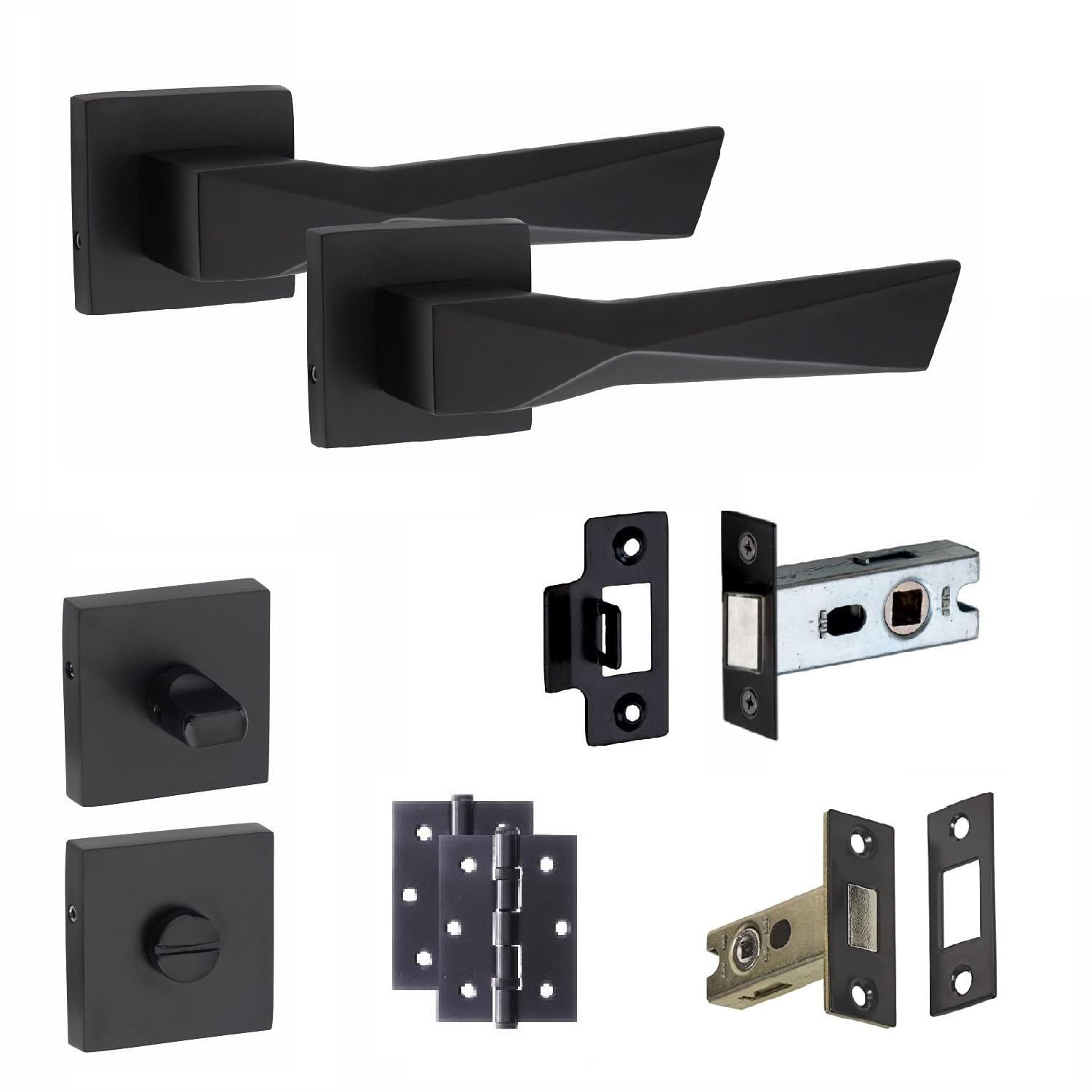 Golden Grace Matt Black Finish 1 Pair Modern Aura Design Matt Black Premium Bathroom Door Handles Square Rose Dead Bolt Ball Latch Hinges Thumbturn