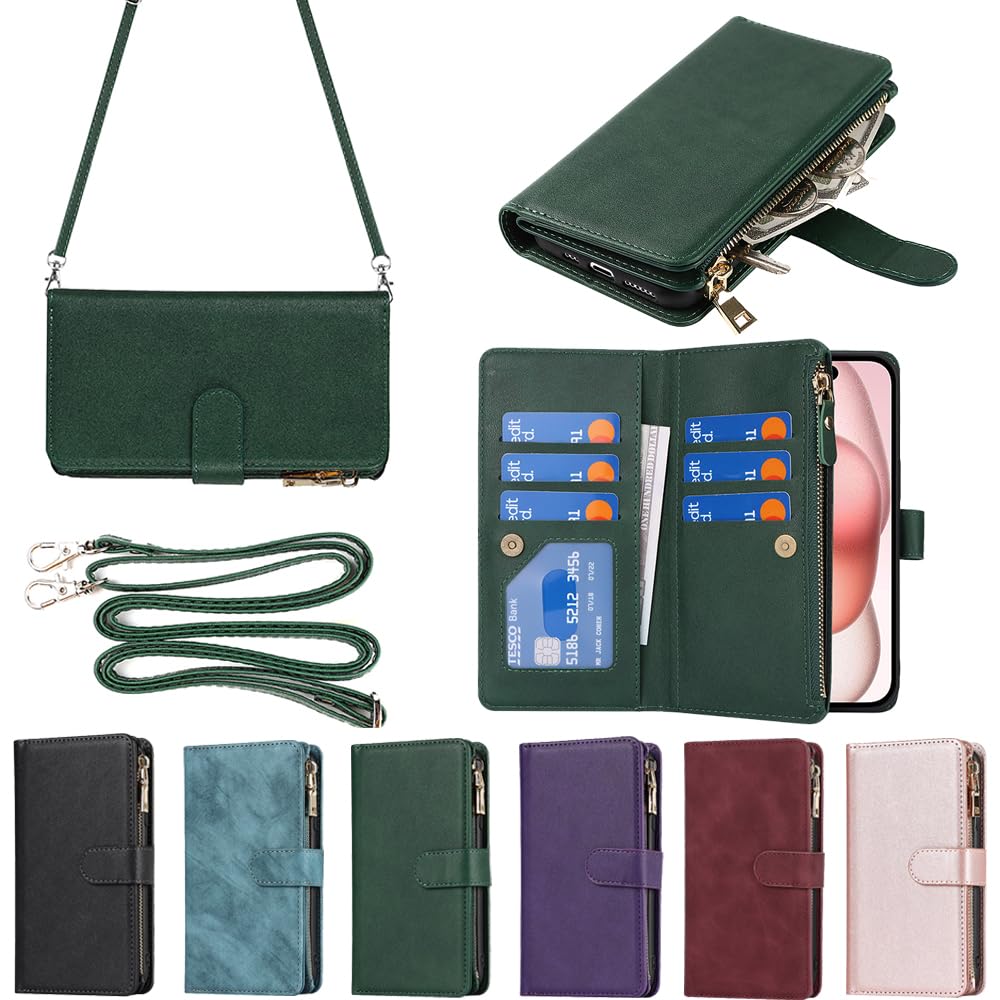 Eastwave アイフォン 15 ケース For iPhone 15 縄掛けケース For iPhone15 手帳型 財布型 ICカード コインポケット ストラップ付き カード 収納 小銭入れ ファスナーポケット付き PUレザー 6色グリーン
