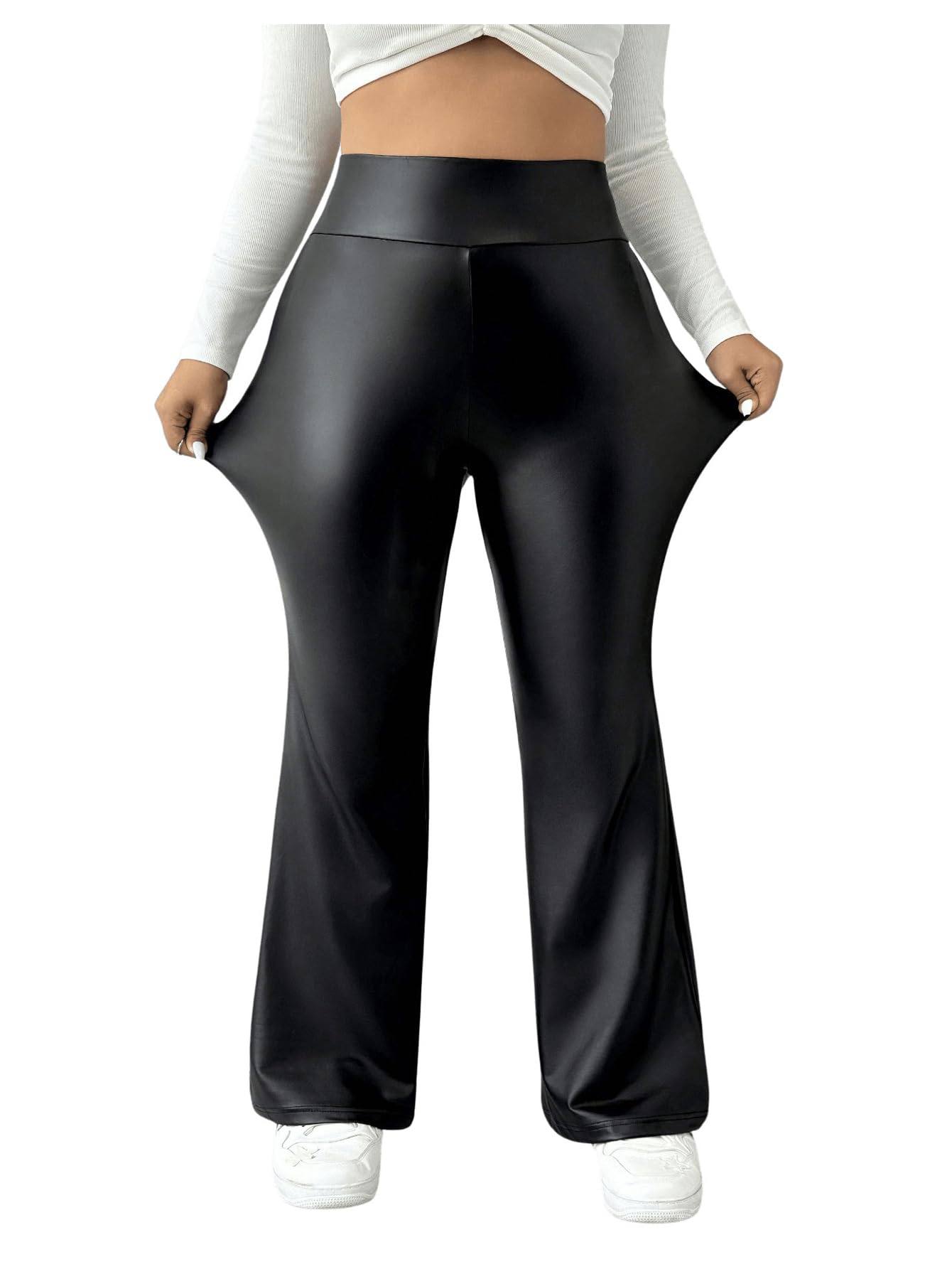 WDIRARA Womens Plus Size Leather Flare Leg Pants High Waist Fashion Casual Long Trousers