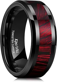 Black Tungsten Wedding Band For Men, 8mm Promise Ring Inlay Red Twill Pattern, High Polished Beveled Edge - Suitable For Daily Wear, Comfort Fit Size 7-12