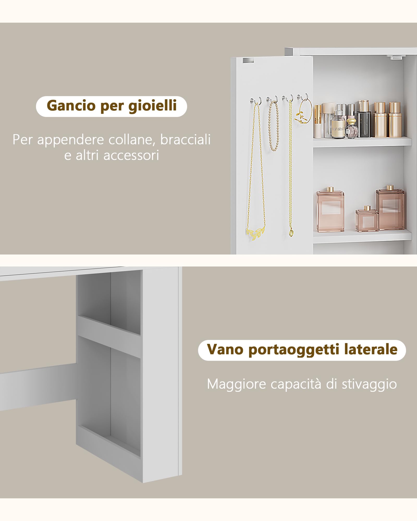 Toeletta con Specchio e Illuminazione, Tavolo da Trucco con Sgabello, Presa Elettrica e Porte USB, Toeletta con 5 Cassetti, Armadietto per Gioielli, Ripiani Aperti e Supporto per Asciugacapelli, Bianc