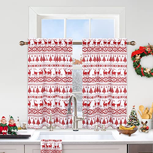 Homerry Christmas Cafe Curtains 45 Inches Long Boho Velvet Basement Kitchen Window Curtain Panels For Living Room Xmas Tree Deer Home Decor Drapes Window Treatment, White, 26" W X 45" L, Set Of 2 #TOP1