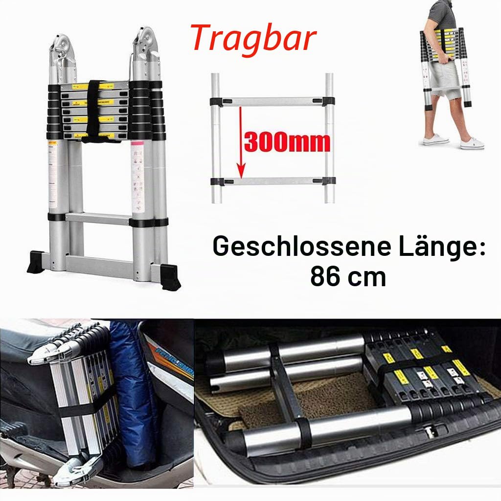 Teleskopleiter 5m mit Stabilisatorstange Aluleiter Klappleiter EN131-zertifizierte Klapp - und Anlegeleiter 16 Sprossen - 93cm bis 5m Anlegeleiter, 150 kg Belastbarkeit (2.5+2.5M)