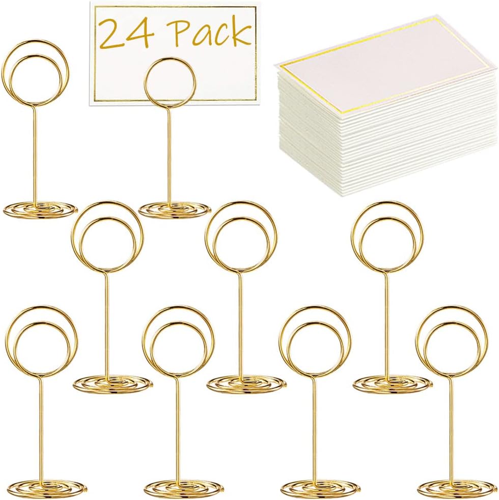 Toncoo 24 Pcs Premium Mini Table Number Holders and 24 Pcs Place Cards with Gold Foil Border, Place Card Holder, Table Sign Stand, Photo Picture holders for Centerpieces, Wedding, Party, Birthday