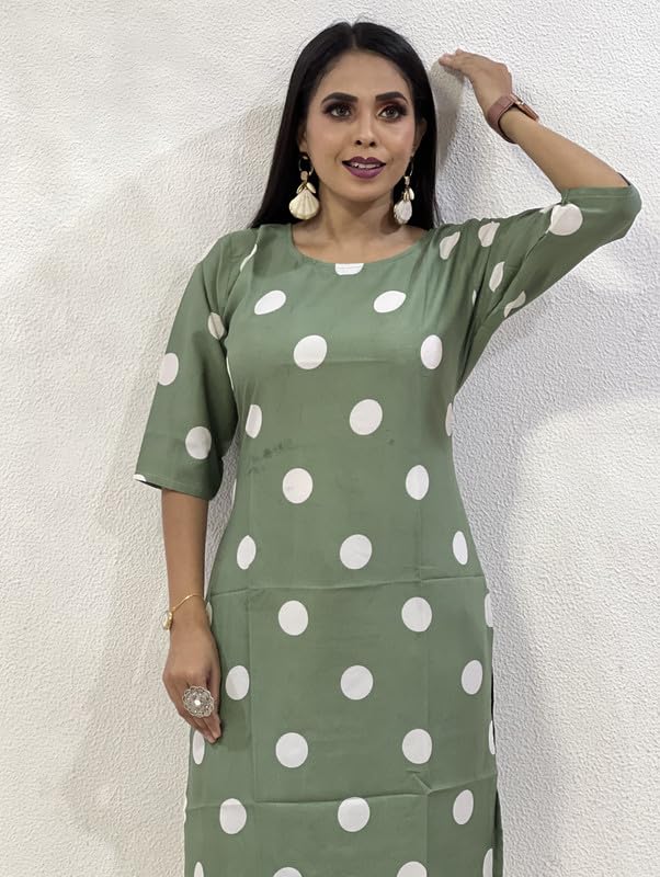 Image of Trendy Kurti|Green Coin Printed 3 /4 Sleeve Kurti|Fashionable Dress|Poly Crepe Polka Dot Knee Length Women Short Kurti|Boat Neck Dress for Daily, Casual Wear