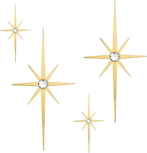 Miniatura 14 de 4 piezas de escultura de pared de arte de estrella de metal, decoración de pared de explosión de estrella de 8 puntas, diamantes brillantes de