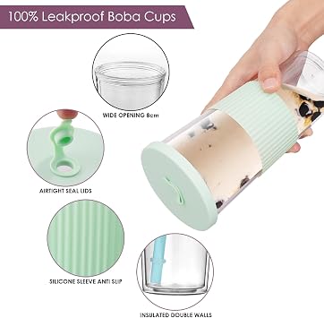 2 Pack Reusable Boba Tea Cups, 750ml/24oz Clear Water Tumbler with Straw & Lid, Leakproof Clear Plastic Mug Cup, Double Wall Smoothie Tumbler with Wide Straw for Bubble Tea, Milkshake, Iced Coffee