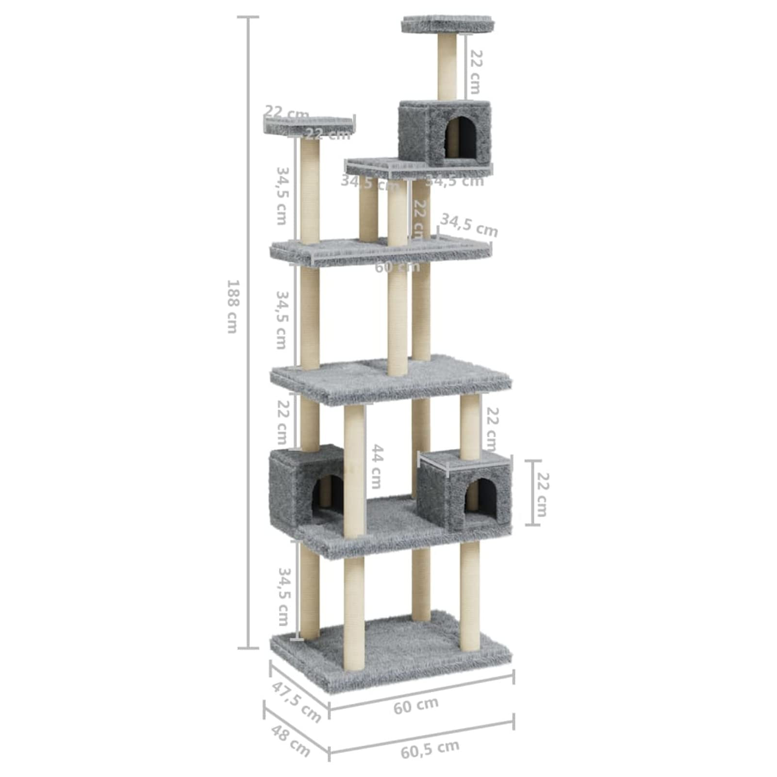 Homgoday Albero tiragraffi in sisal, grigio chiaro, 188 cm, tiragraffi a torre per gatti multilivello, centro attività per gatti da interno