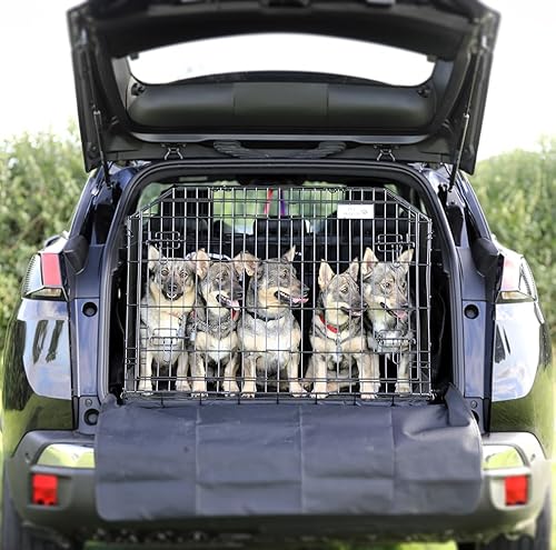 Pet World Small 38 Sloped Car Dog Crate – Compatible with Peugeot 3008 – UK Designed Boot Crate – High Carbon Steel Travel Cage – Emergency Escape Hatch – Folds Flat – Free Comfort Mat