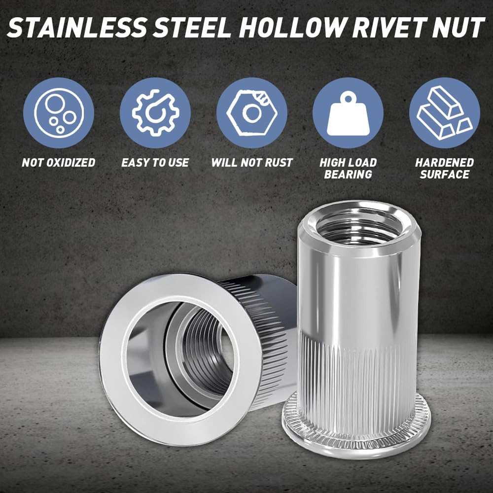 mizikuu 100 Pezzi Dadi Rivetti Filettati in Acciaio Inox, Inserti Filettati M8 Rivetto Filettato Facilità di Installazione Inserti Filettati a Testa Piatta Per Pannelli In Metallo e Plastica