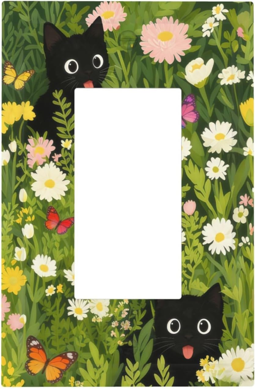 Cute Funny Black Cats Floral Butterfly Light Switch Covers Decorative Boho Colorful Flower Green Plant 1 Gang Single Rocker Switchplate Electrical Faceplate for Bathroom Kitchen Bedroom Decor