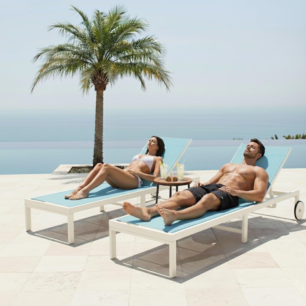 Tumbona de jardín y exterior Zulima Luxe de aluminio blanco y azul turquesa | Reclinable, con Ruedas y textileno transpirable. Tratamiento epoxi para exteriores. Relax en terraza y piscina. Mejorada 2026