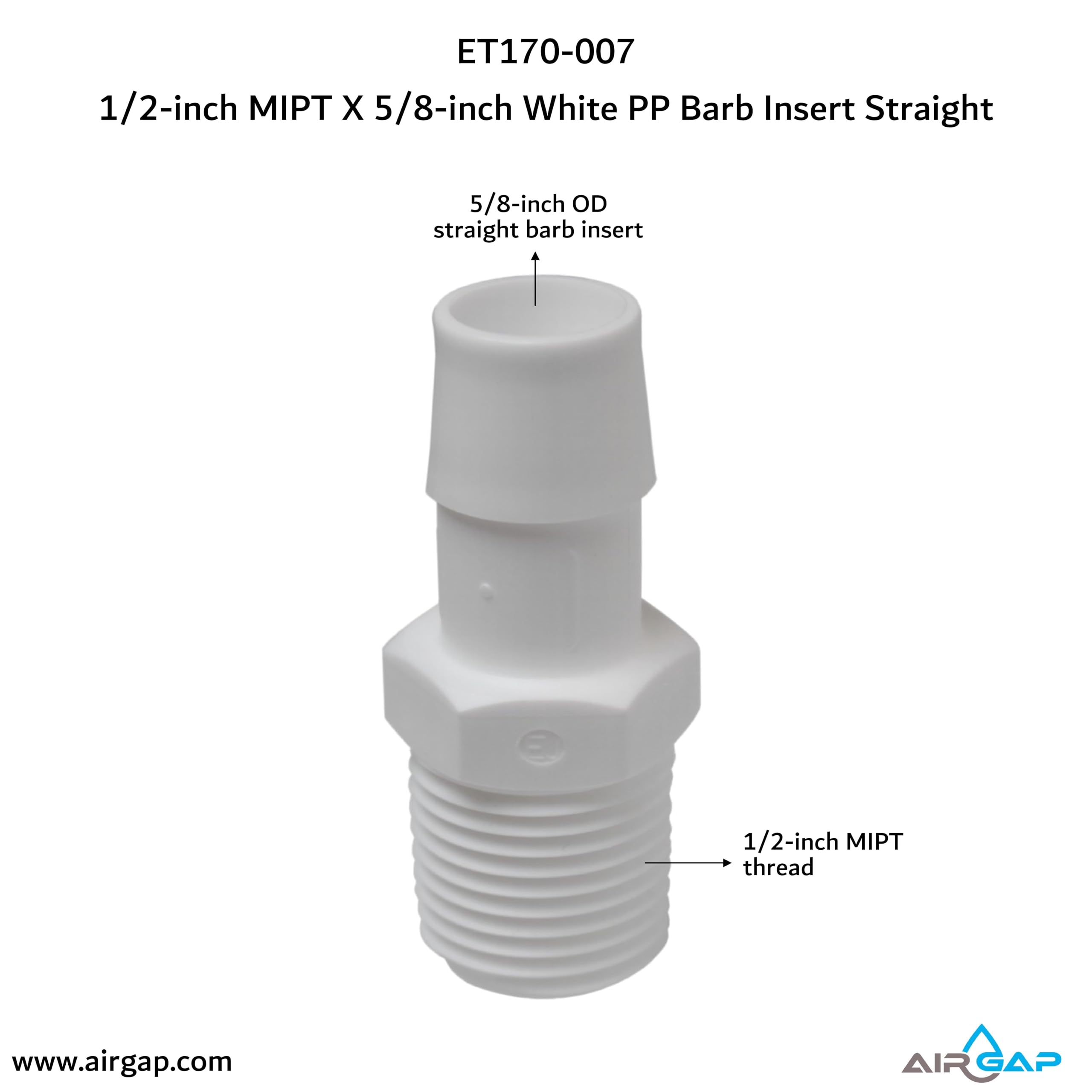 1/2-inch MIPT X 5/8-inch WHITE PP BARB INSERT STRAIGHT (ET170-007, 2 pcs. included)