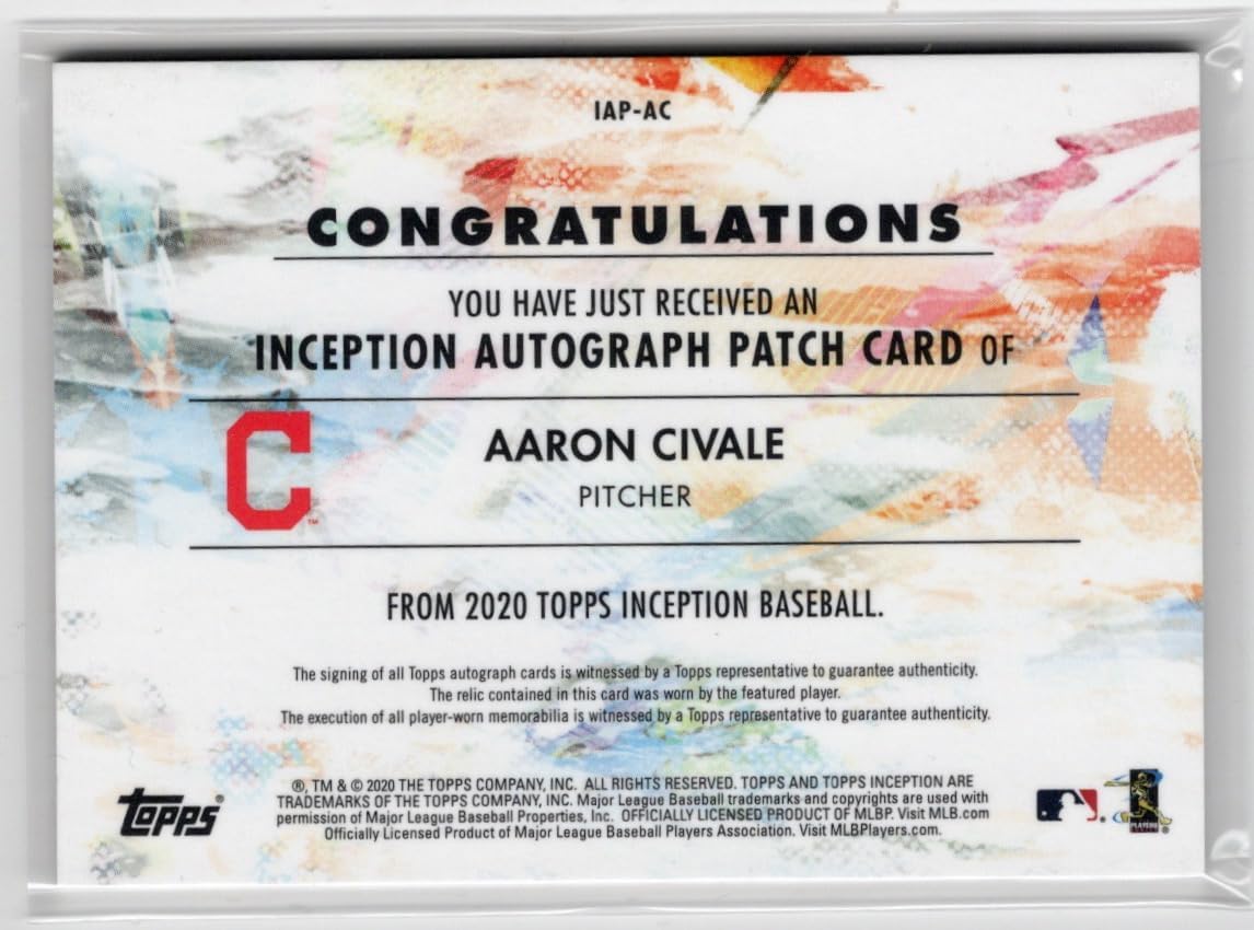 Aaron Civale Autographed & Serial Numbered #011/155 Inception Autograph Patch Card Rookie Card Collectible Baseball Card - 2020 Topps Inception Baseball Card #IAP-AC(Cleveland)