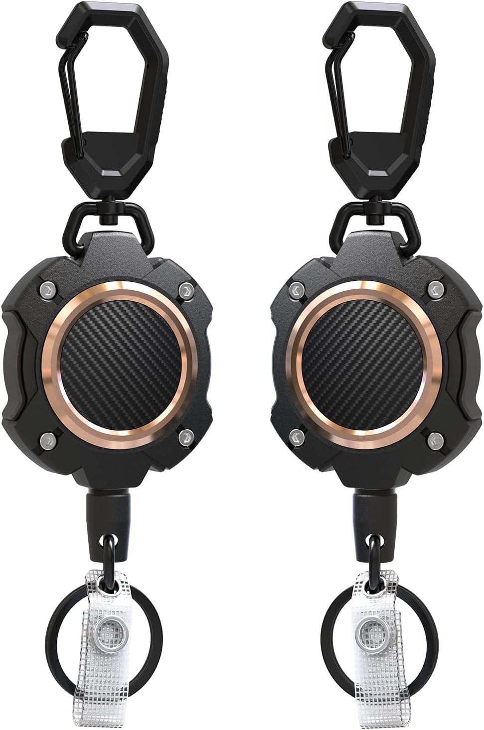 LIUGX 2 Pack Retractable Keychain, Heavy Duty Carabiner Key Chains, 10,000+ Rebound, Impact Resistance ID Badge Reels with 31.5” Wire Rope and Key Ring, Up to 8oz, Aluminum Ring, Carbon Fiber-Texture