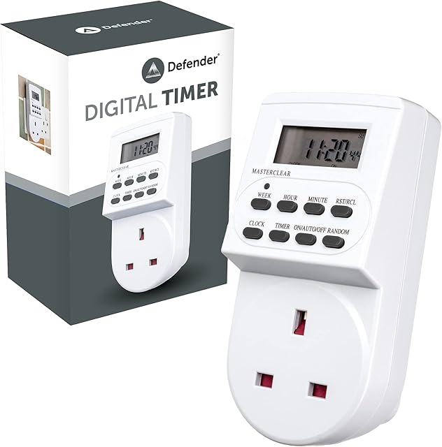 Defender 24 Hour Digital Timer Plug - Electric Switch Energy Saver Timer Standard Size - Digital Plug-in Timer Socket - 240v 3 Pin Plug with Programmable Time Controller + Random Mode