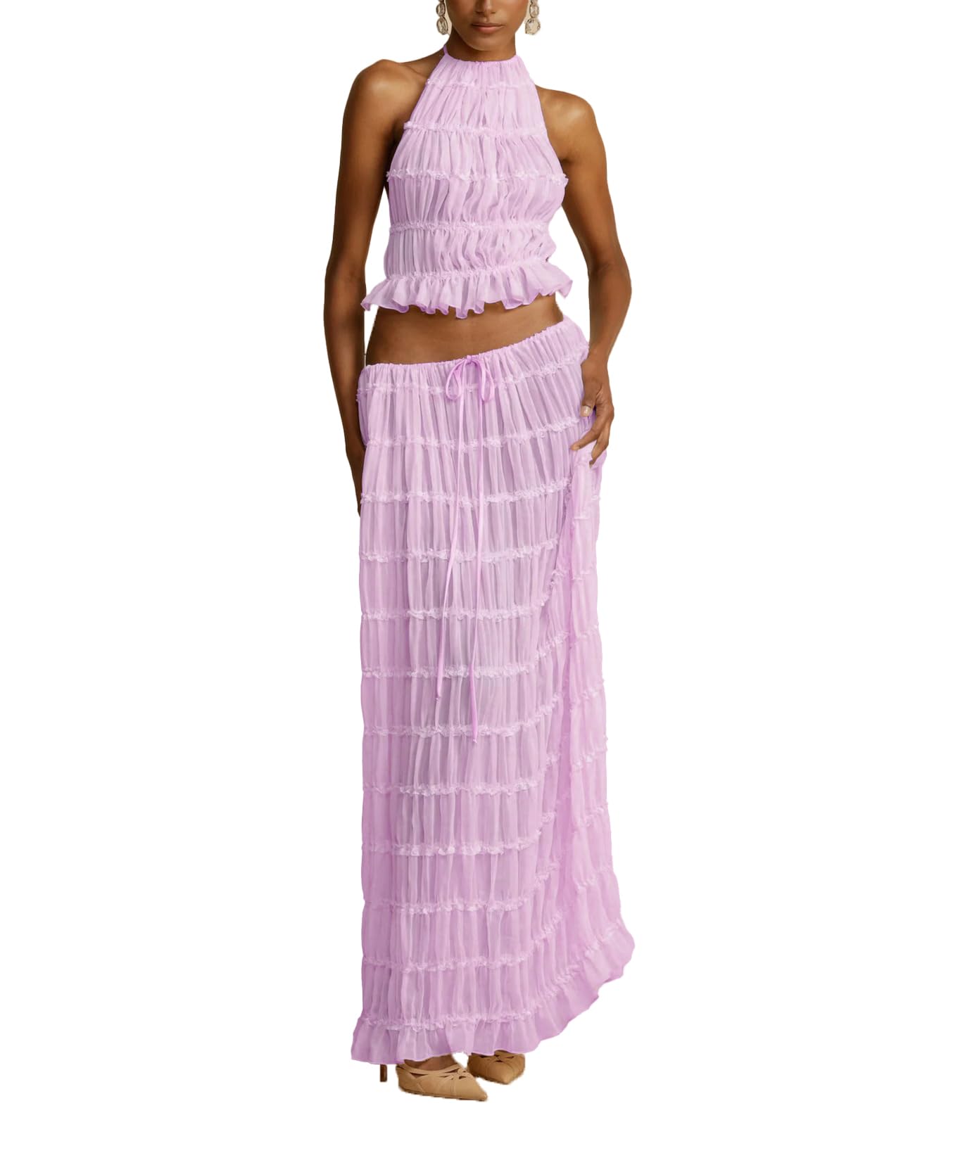 Womens Two Piece Skirt Set Lace Up Sleeveless Tank Top and Flowy Pleated Long Skirt Summer Chiffon Maxi
