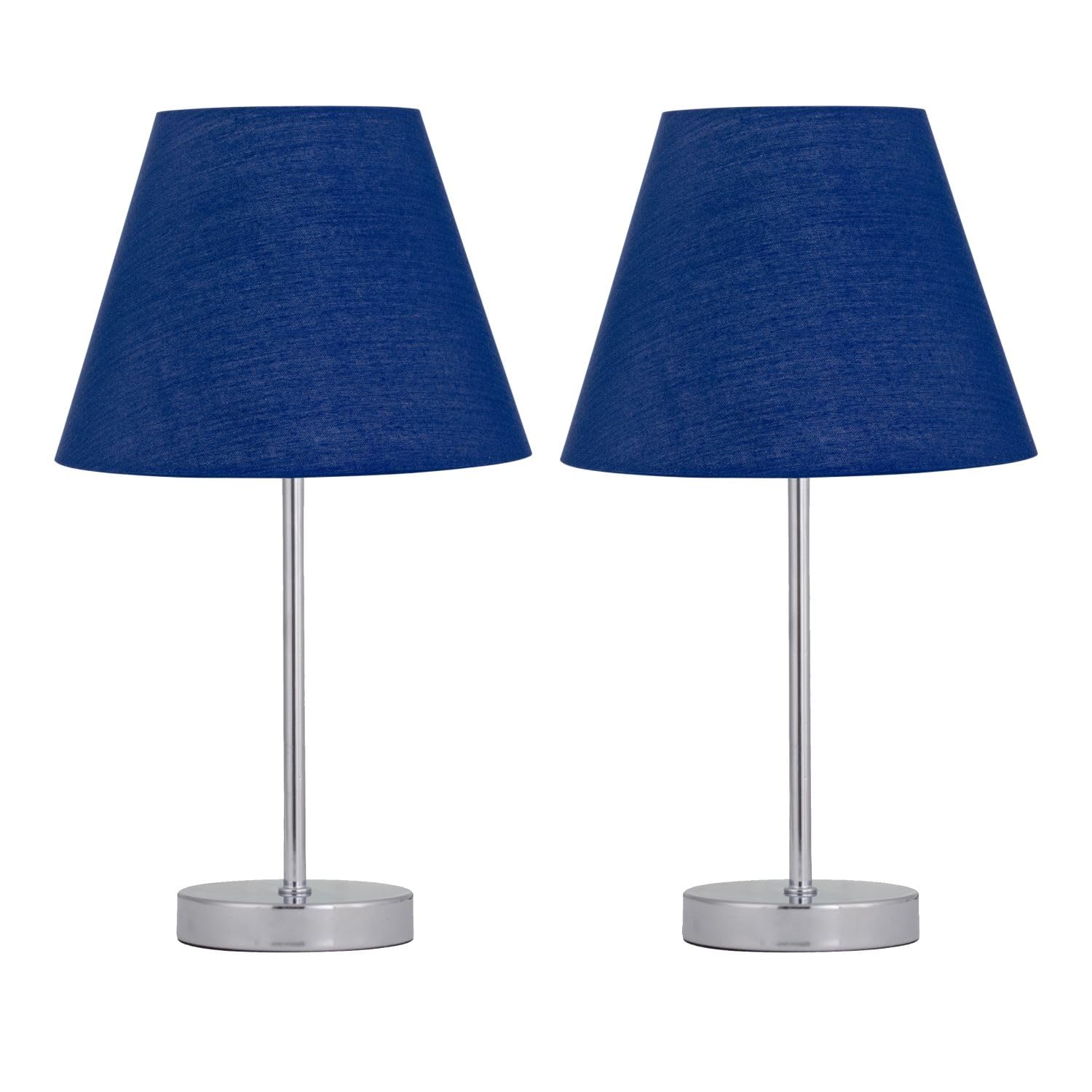 Firstchoicelighting Chrome & Blue Set Of 2 Chrome Table Lamps Or Bedside Lights, Modern Touch Operated Design, Navy Blue Shade, Height 35Cm, Led Compatible