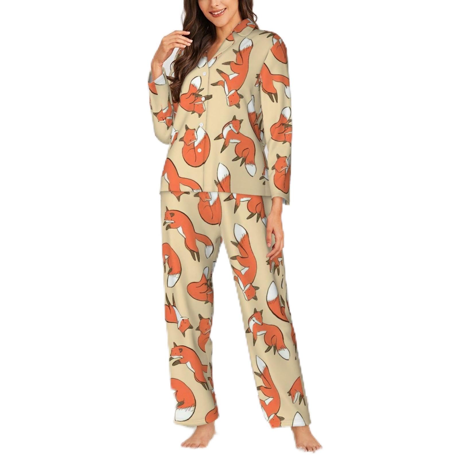 BAIlann Many foxes Print Womens Pajamas Set 2 Piece Long Sleeve Sleepwear Pjs Lounge Set Nightwear Funny Black