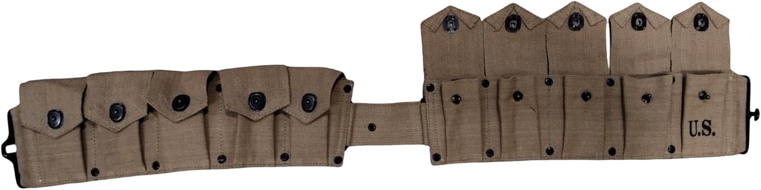 WWII U.S. Army M1923 M1 Garand Rifle Cartridge Springfield Adjustable Canvas Ammo Bandolie Belt with 10 Pocket - Khaki