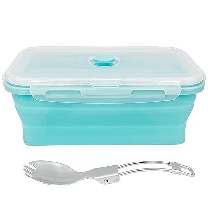 CARTINTS Large Collapsible Camping Food Containers, 1200ml Silicone Lunch Container, Microwave Safe Reusable Meal Prep Container For Indoor&Outdoor Kitchen With Foldable Spoon, Blue