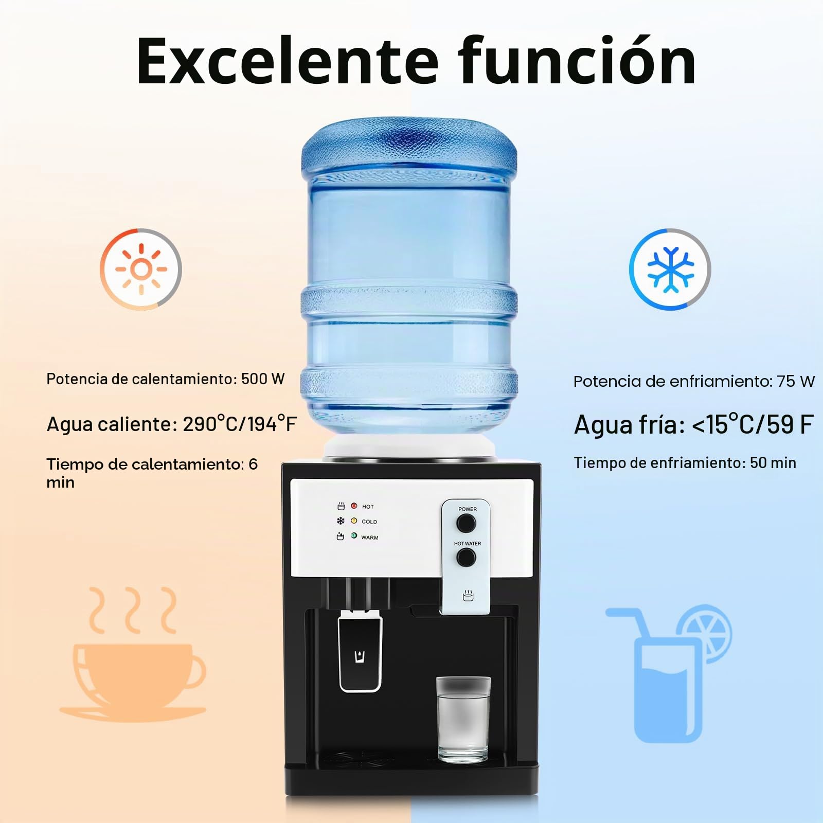 Dispensador de agua de mesa, dispensador de agua caliente y frío, 500 W, 75 W, dispensador de agua potable compacto para oficina o hogar, dispensador de agua eléctrico con depósito de acero inoxidable