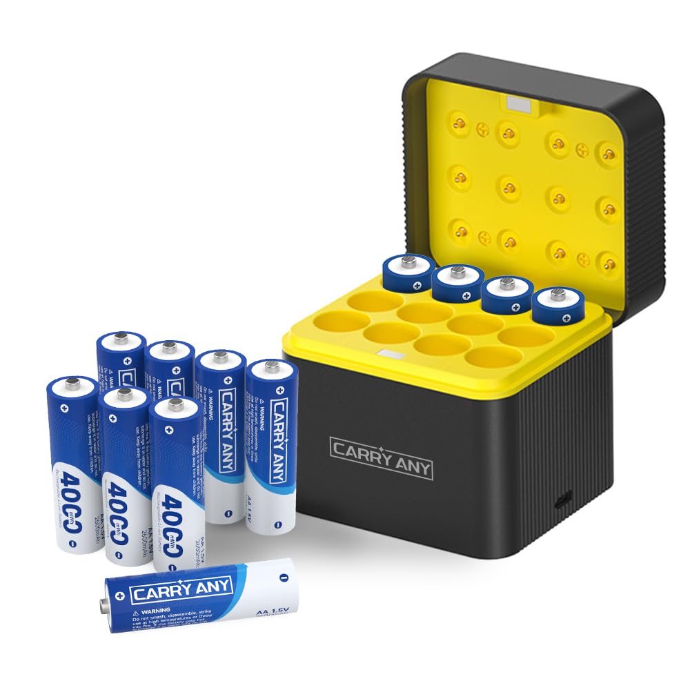 12-Pack Rechargeable AA Lithium Batteries with Charger, 1.5V 4000mWh High Capacity Battery Pack 12 Count &amp; Portable 12-Slot Fast Charging Case, 2-3H Full Charge for Blink Camera, Xbox Controller