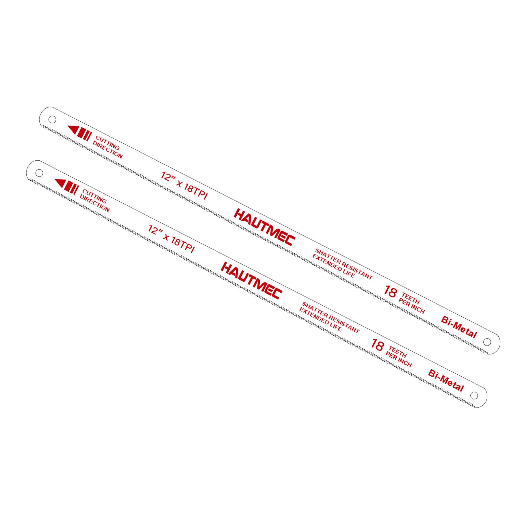 HAUTMEC 12" Hacksaw Blades 18 TPI – 2 Pack Bi-Metal Replacement Blades with High-Speed Steel Teeth and Spring Steel Body, Professional Grade, Fits